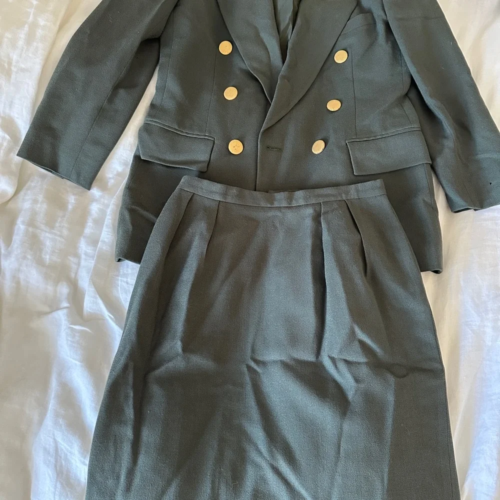 Vintage Christian Dior Green Skirt Suit with Gold Buttons